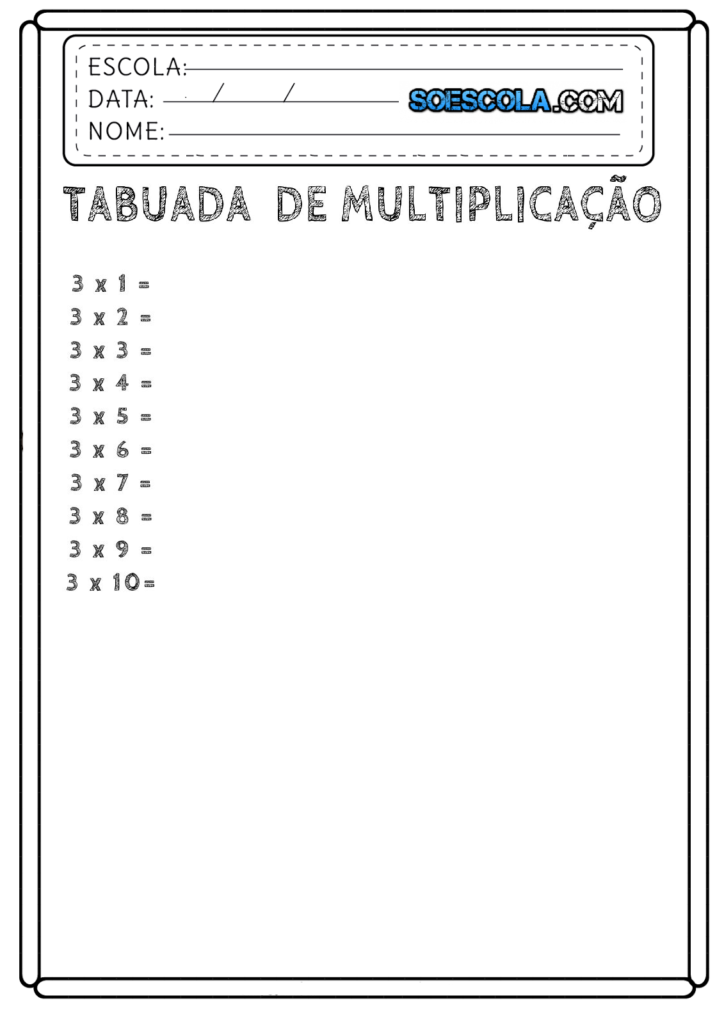 Tabuada da Multiplicação para Completar - Atividades Escolares